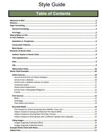 MLA Style Table of Contents