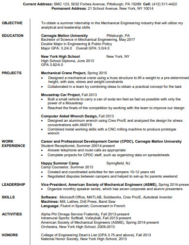 mechanical engineer first job resume template