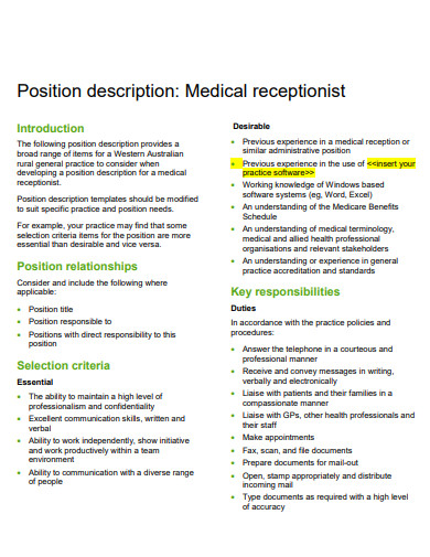 medical receptionist resume duties