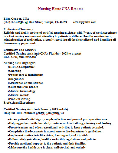 nursing home cna resume