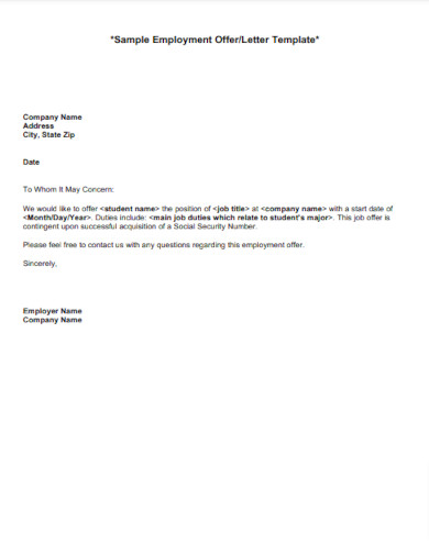 sample employment offer letter template