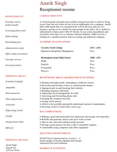 student receptionist resume format