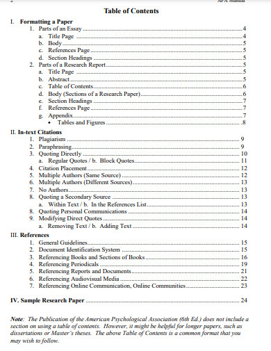 table of contents apa format