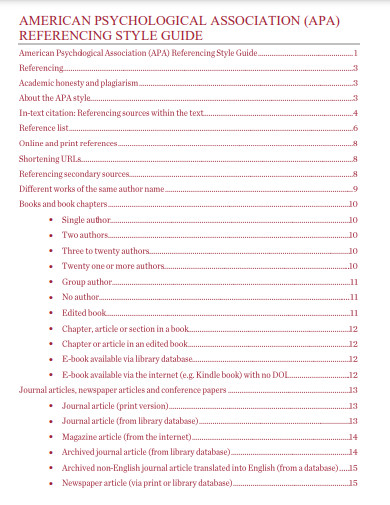 Table of Contents APA Referencing Style