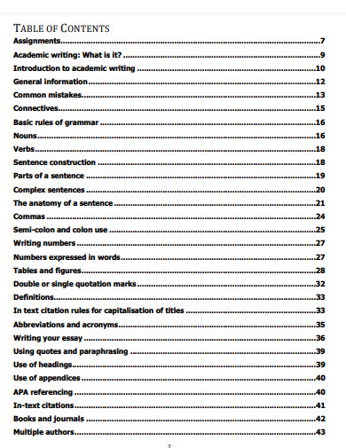 table of contents apa style