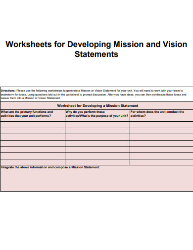 worksheets for developing vision and mission statement