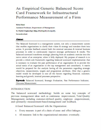 balanced score card framework for infrastructural performance measurement