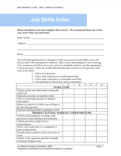 basic job skills index example
