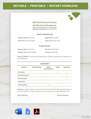 basic self performance review template