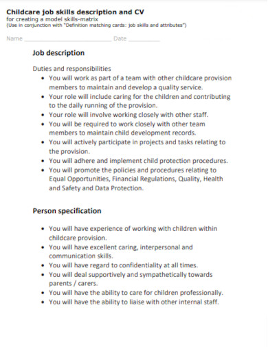 childcare job skills description and cv