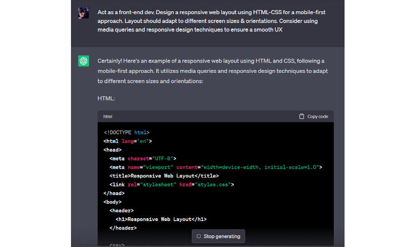 create a responsive web layout with chatgpt prompts for programmers