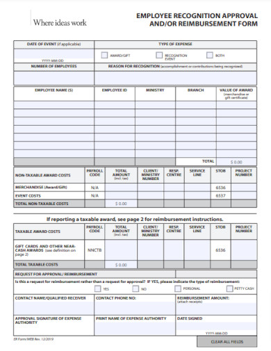 employee recognition approval and reimbursement form