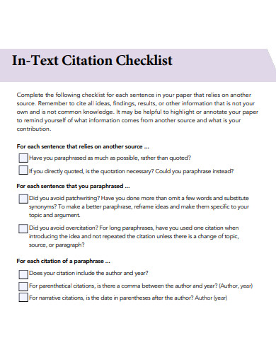 In Text Citation Checklist