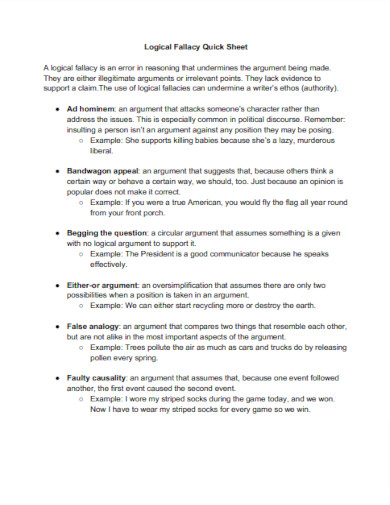 Logical Fallacy Quick Sheet Example
