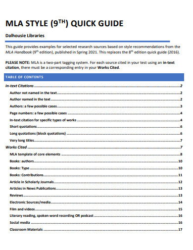 MLA 9th Edition Table of Content