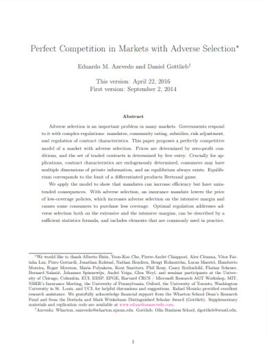 perfect competition in markets with adverse selection