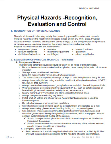 Physical Hazards Recognition Evaluation and Control