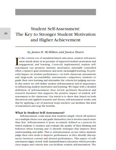 standard student self assessment example