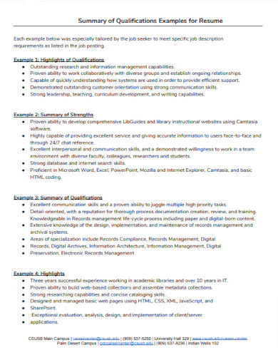 summary of qualifications examples for resume