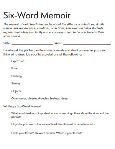 6 word memoir worksheet