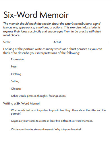 6 Word Memoir Worksheet