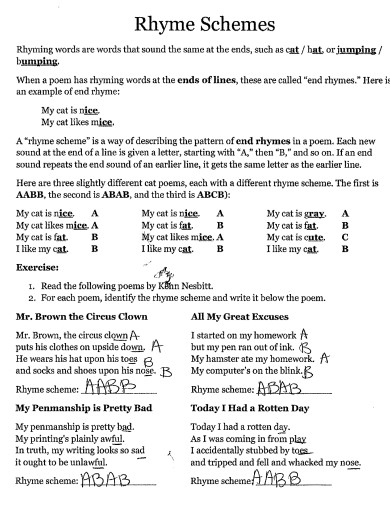 7th grade rhyme scheme example