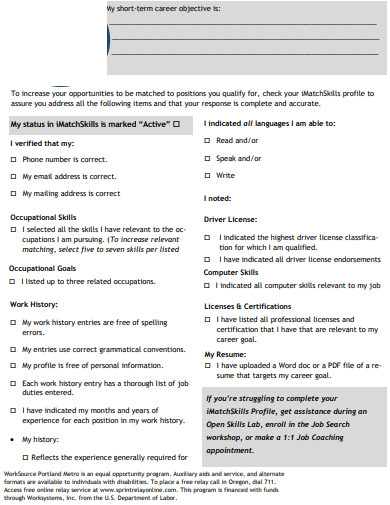 Career Objective Checklist Example