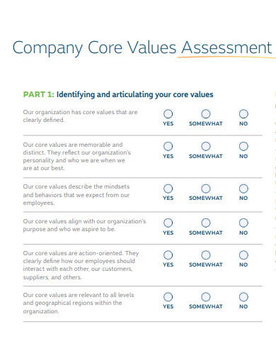 company core values assessment example