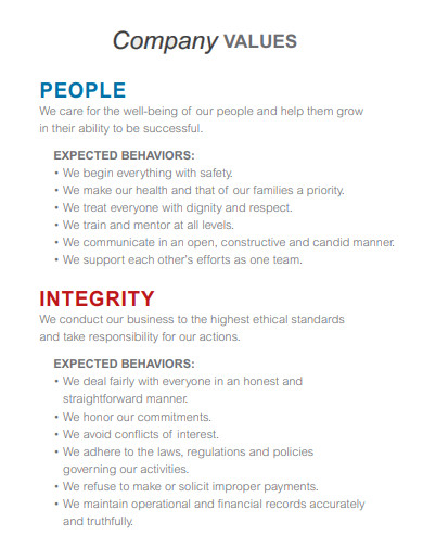 Company Values Ethics Example