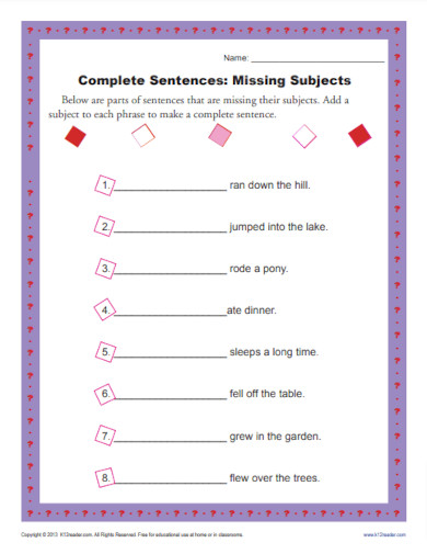 complete sentences missing subjects