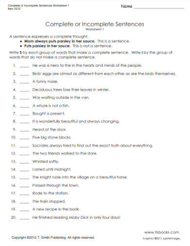 complete and incomplete sentences worksheet example
