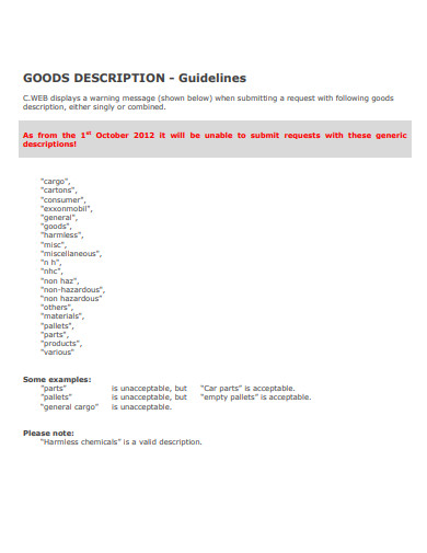 description of goods format