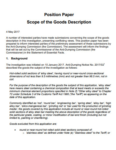 description of goods position paper