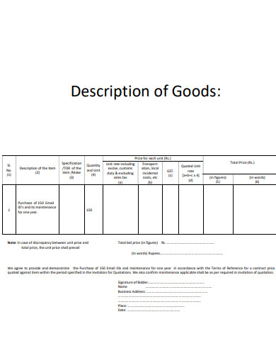 description of goods