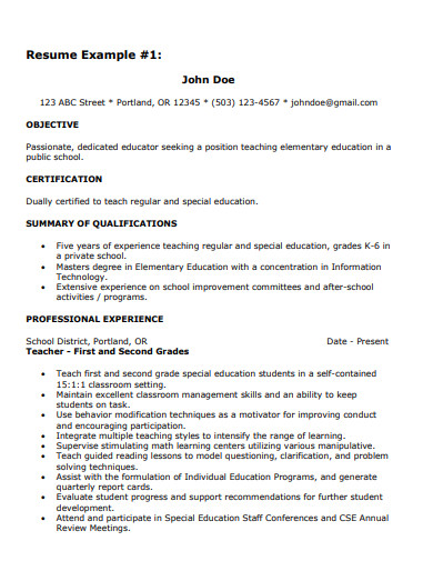 entry level teacher resume example