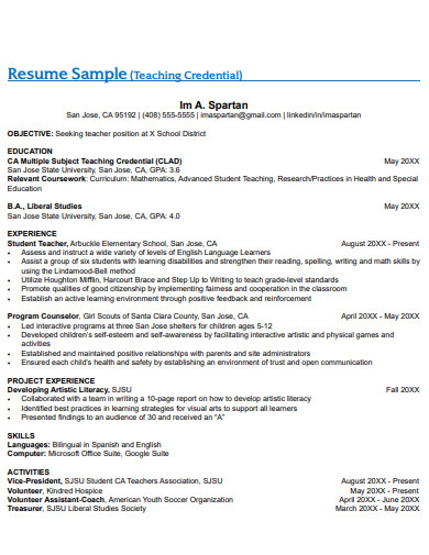 fresher teacher resume example