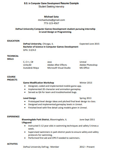 internship student resume