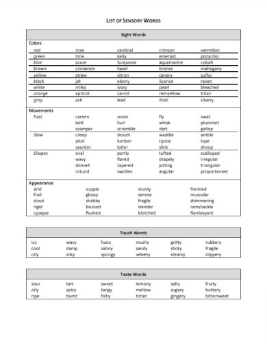 List of Sensory Words Example