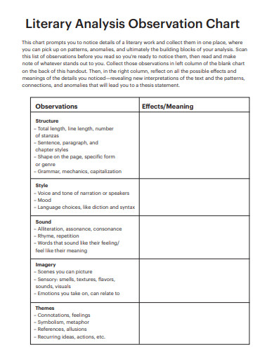 literary analysis observation chart example 