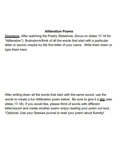 poem of alliteration worksheet example