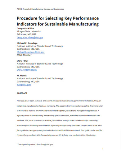 procedure for selecting key performance indicators for sustainable manufacturing