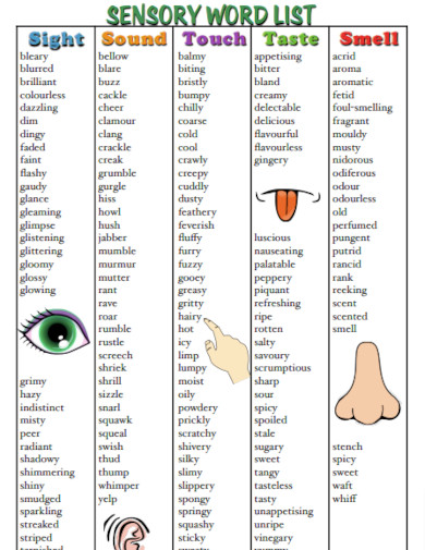 sample sensory word list example