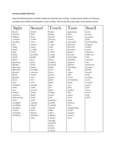 sensory details word list example