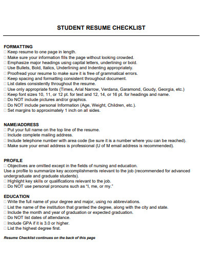 student resume checklist