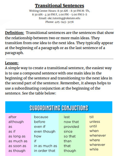 transition sentences template