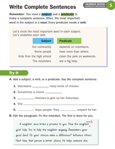 write complete sentences example