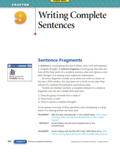 writing complete sentences fragments