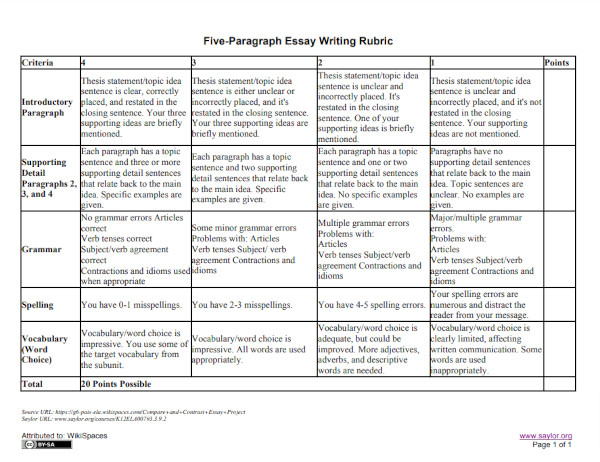 five paragraph essay writing rubric