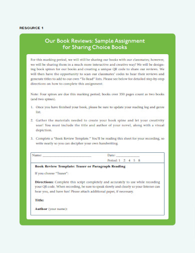 our book reviews sample assignment