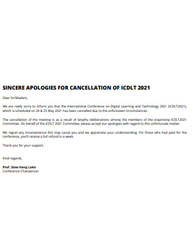 sincere apologies for cancellation example